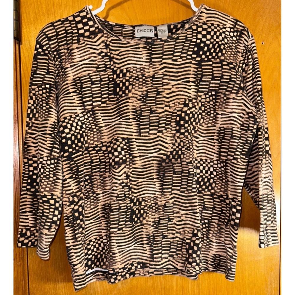 Chicos Brown Abstract Geometric Print 3/4 sleeve Cotton Top Sz 2 (L) 100% Cotton